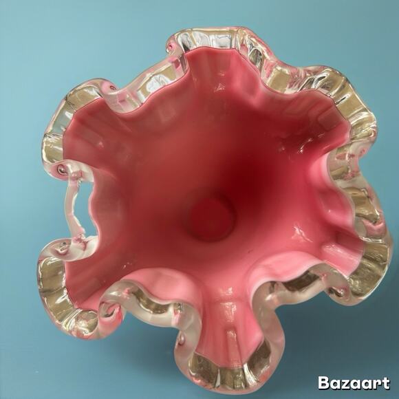 Fenton Beaded Melon Pink Inside, White Outside Glass Silver Crest Vase, Crimped - Picture 2 of 5